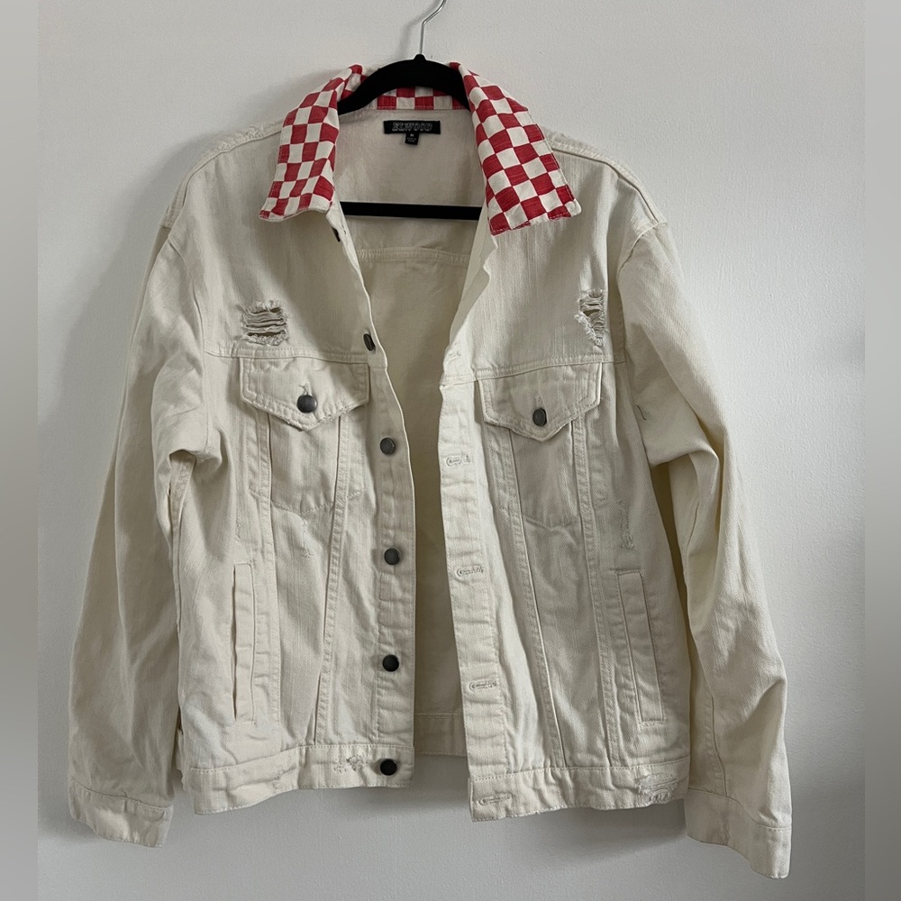 Elwood Men's Off White Distressed Denim Trucker Jean Jacket Size M